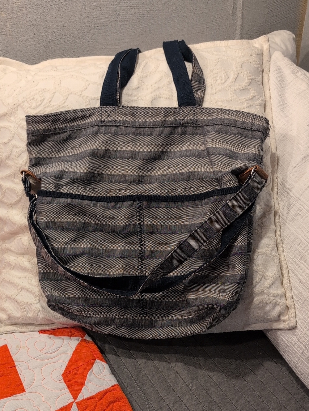 Striped Canvas Tote Bag in Navy and Gray Thirty one